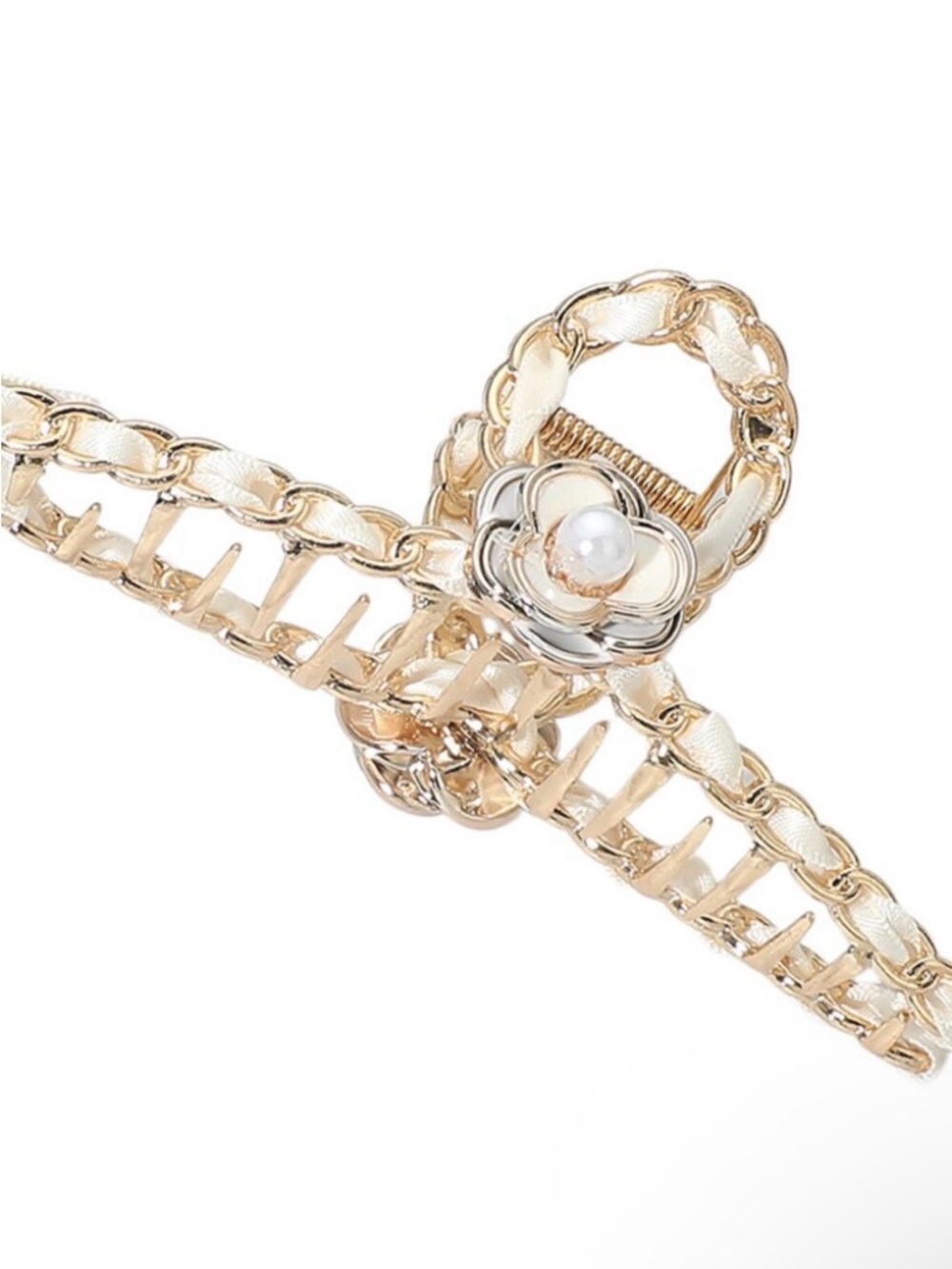 Floral Accent Chain Hair Claw Clip with Faux Pearl Center - Black OR White - Picture 6 of 7